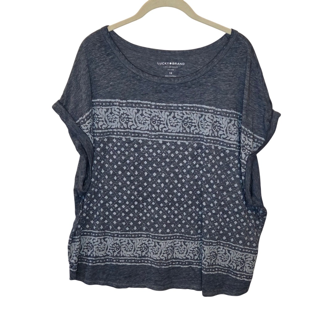 Lucky Brand Womens 1X Gray Heathered Boho Block Print Scoop Neck Top RN 80318